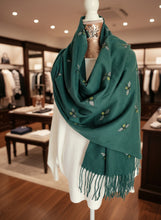 Load image into Gallery viewer, Bottle Green Soft Bee Design Fringed Scarf