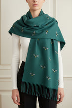 Load image into Gallery viewer, Bottle Green Soft Bee Design Fringed Scarf