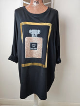 Load image into Gallery viewer, Black Top With Bronze and Silver Sequin Perfume Bottle Logo
