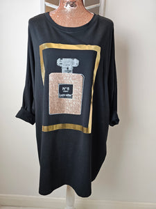 Black Top With Bronze and Silver Sequin Perfume Bottle Logo