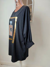 Load image into Gallery viewer, Black Top With Bronze and Silver Sequin Perfume Bottle Logo
