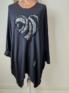 Black Love Heart Sequin Sweat Top