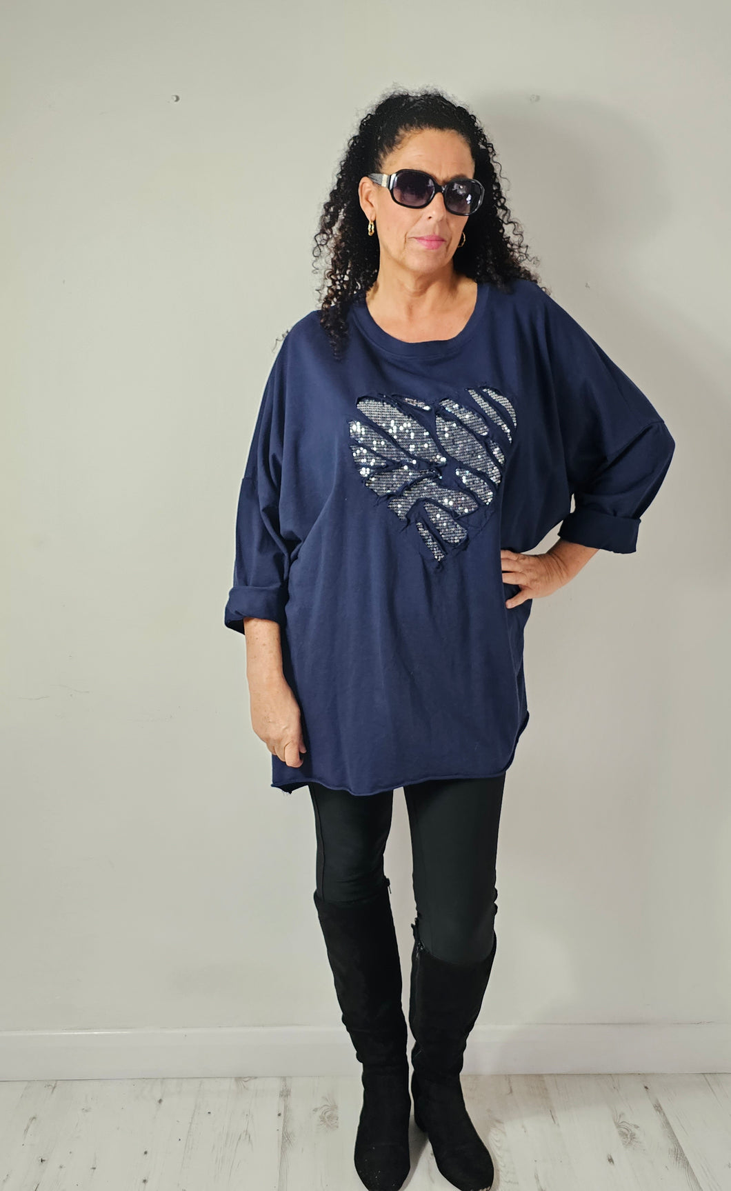 Navy Sequin Heart Top