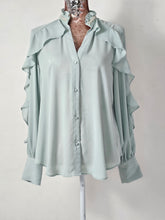 Load image into Gallery viewer, sage Green Pearl Neck Frill Blouse
