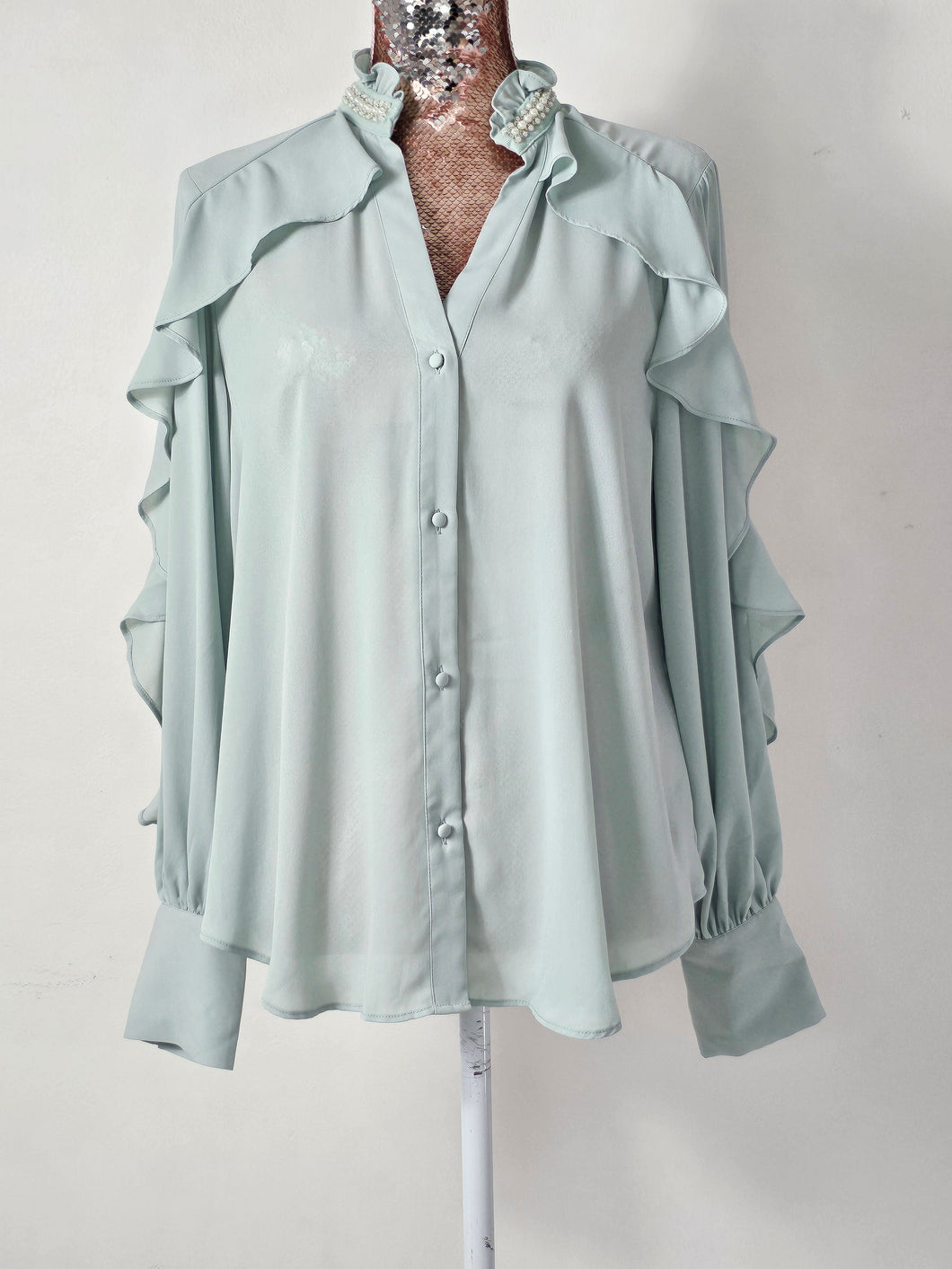 sage Green Pearl Neck Frill Blouse