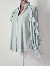 Load image into Gallery viewer, sage Green Pearl Neck Frill Blouse
