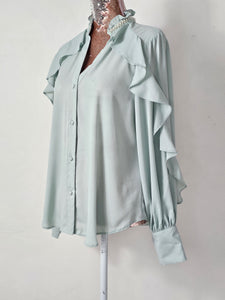 sage Green Pearl Neck Frill Blouse