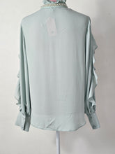 Load image into Gallery viewer, sage Green Pearl Neck Frill Blouse
