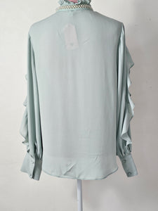 sage Green Pearl Neck Frill Blouse