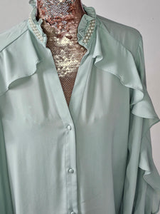 sage Green Pearl Neck Frill Blouse