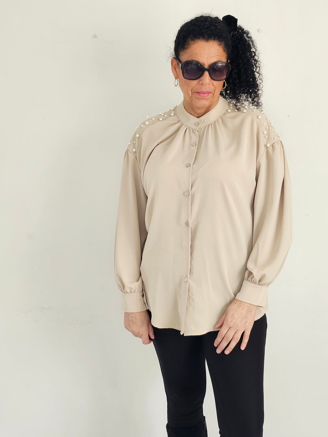 Beige Pearl Shoulder Blouse