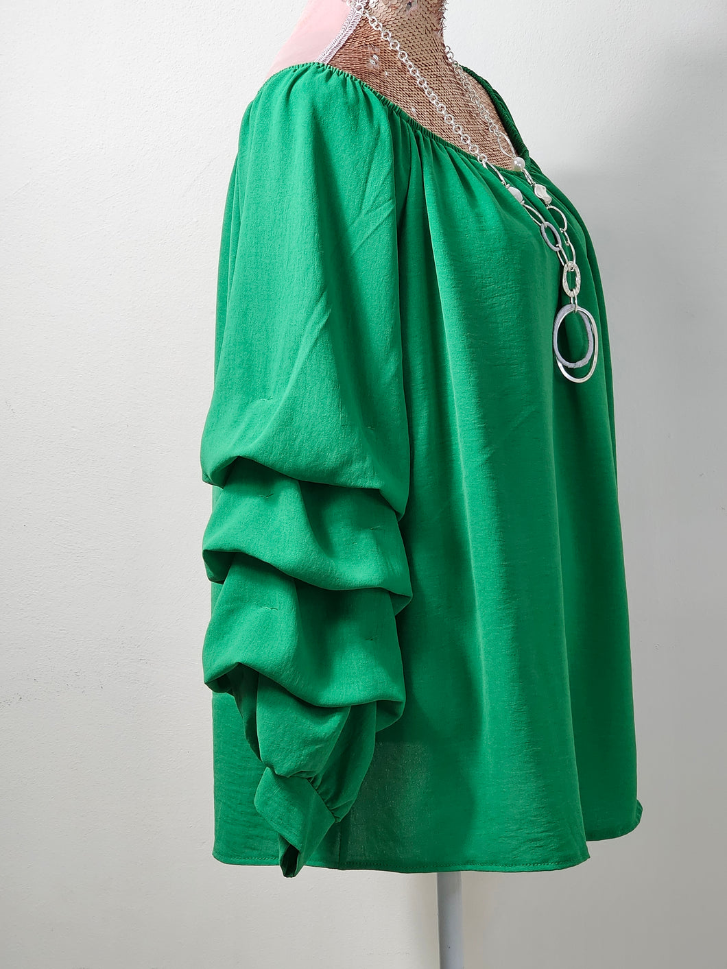 Emerald Green Ruched Sleeve Blouse