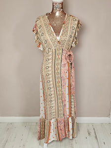 Thea Beige Multi Colour Wrap Round Dress