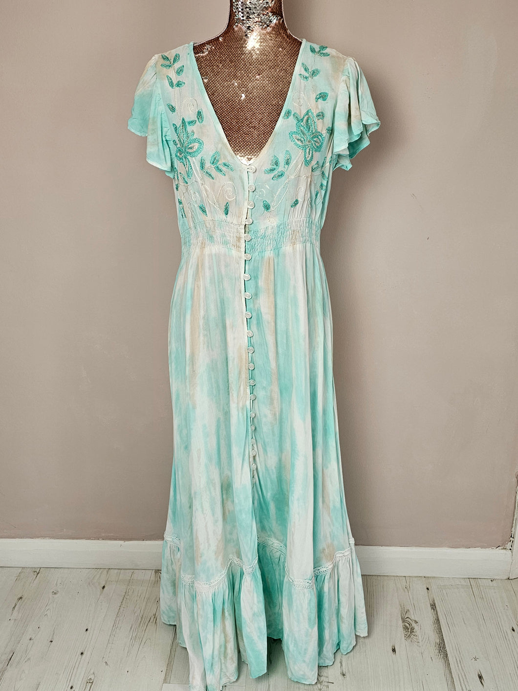 Marcella Aqua White Beige Maxi Dress