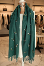 Load image into Gallery viewer, Bottle Green Soft Bee Design Fringed Scarf
