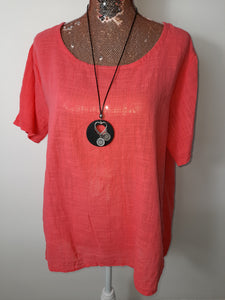 Coral Button Back Cotton Top With Necklace