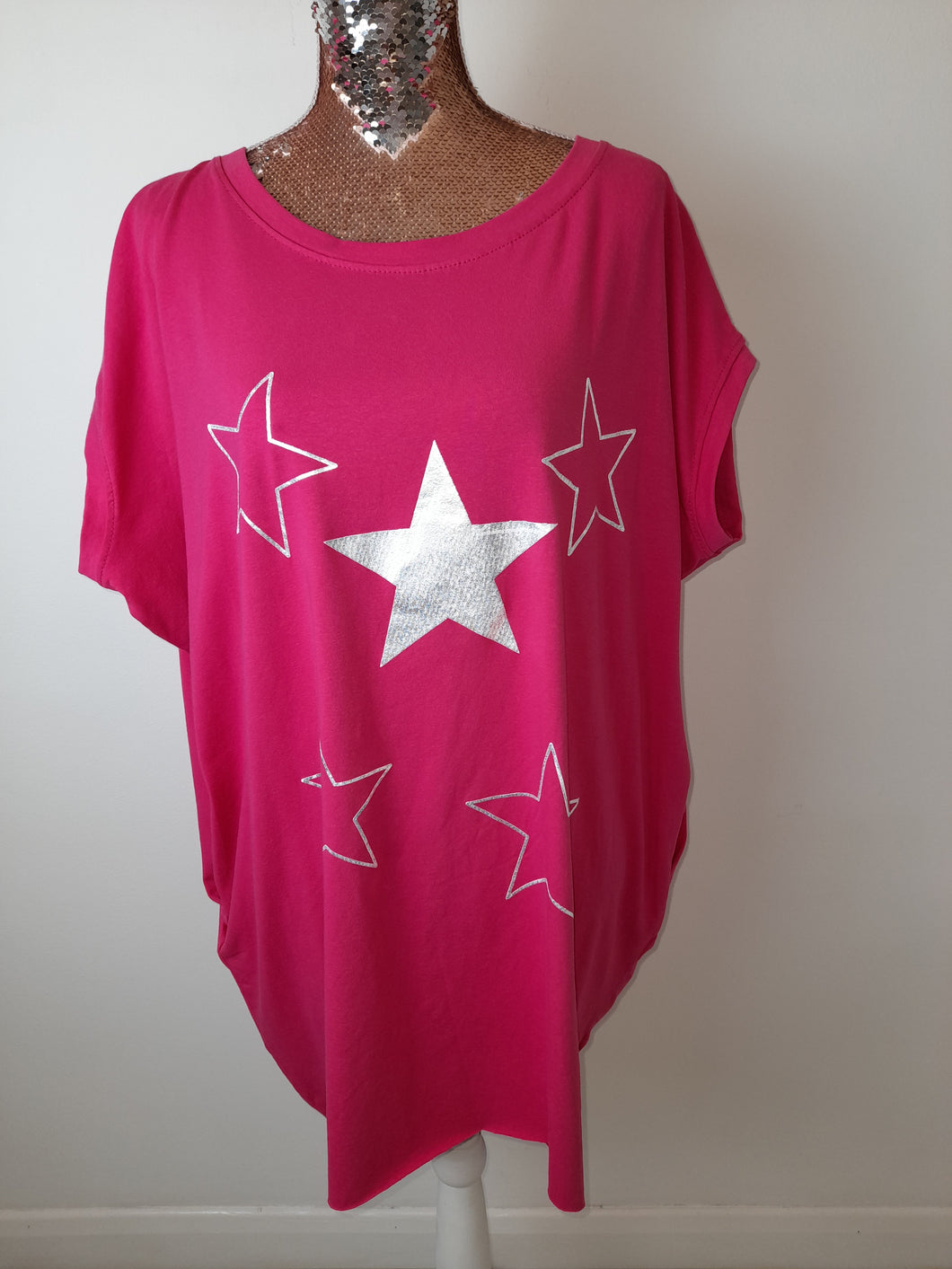 Fuchsia Silver Stars Long T