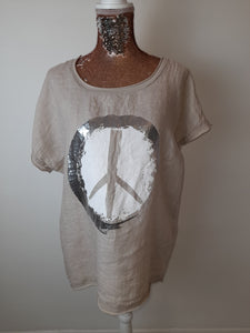 Beige Linen Mix Pease Logo Top