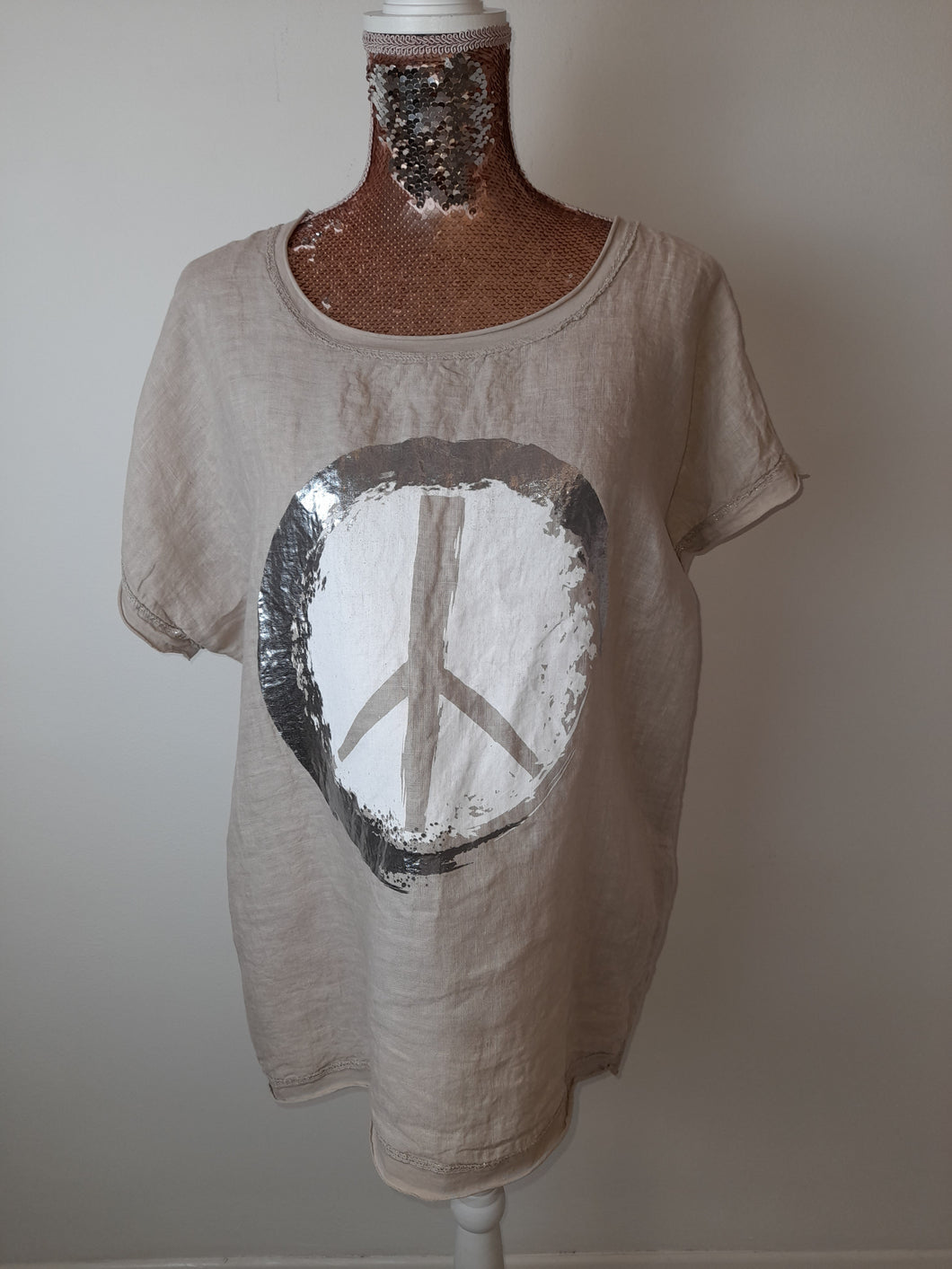 Beige Linen Mix Pease Logo Top