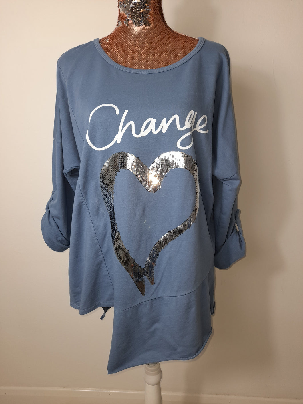 Denim Blue Change Sequin Heart Top