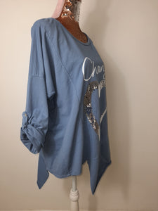 Denim Blue Change Sequin Heart Top