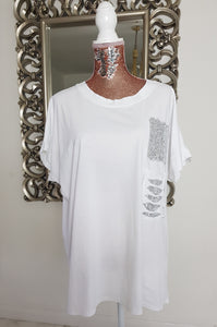 White Sequin Short Sleeve T/Shirt