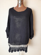 Load image into Gallery viewer, Italian Black Sequin Trim Linen Top
