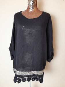 Italian Black Sequin Trim Linen Top