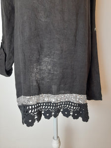 Italian Black Sequin Trim Linen Top