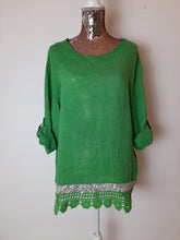 Load image into Gallery viewer, Italian Emerald Green Sequin Trim Linen Top
