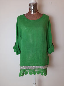 Italian Emerald Green Sequin Trim Linen Top