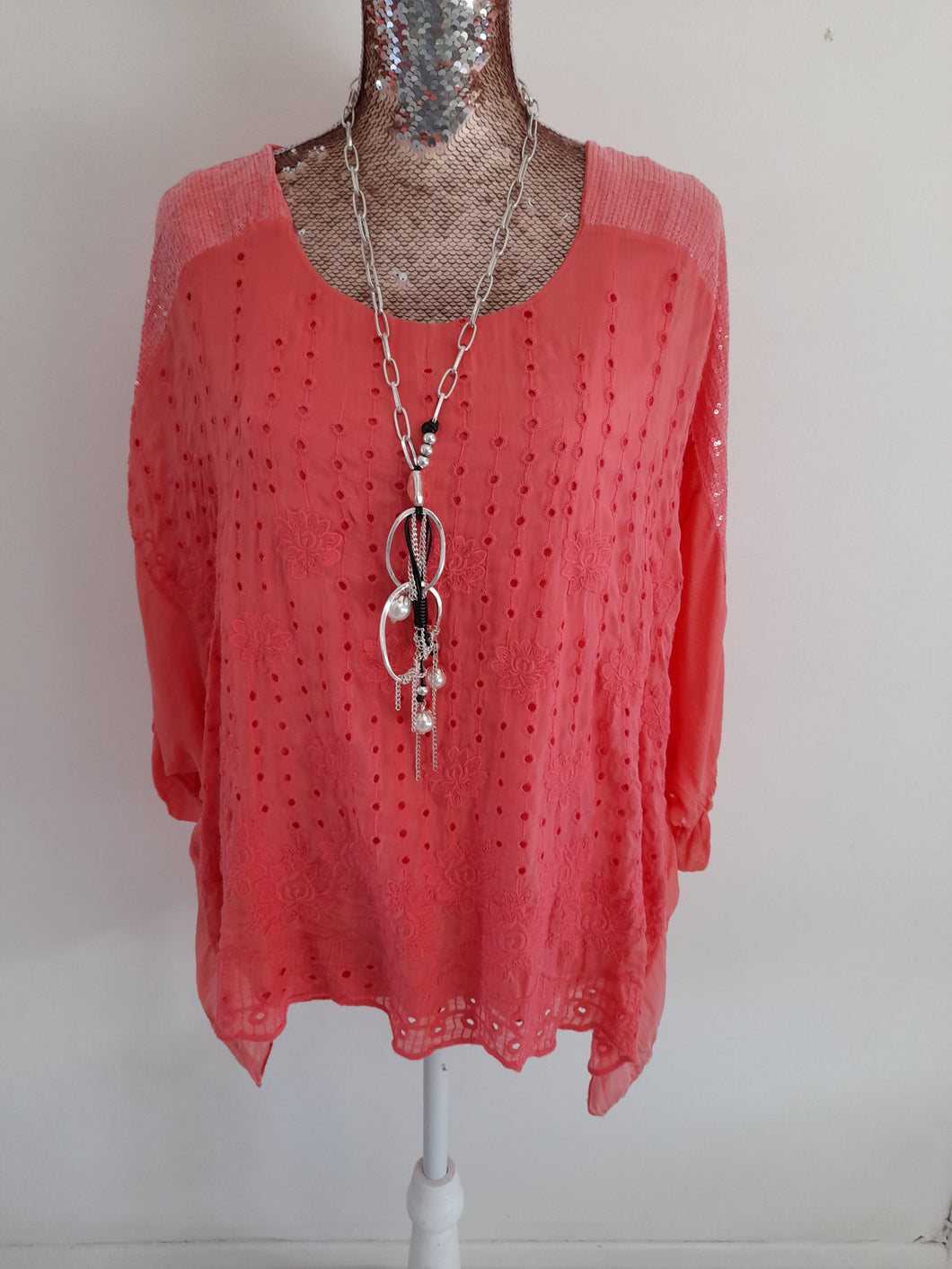 Coral Sequin Silk Top