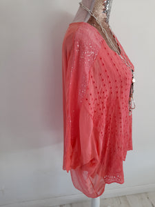 Coral Sequin Silk Top